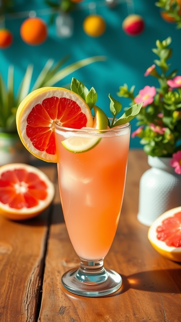 A refreshing Tequila Paloma cocktail with grapefruit garnish on a wooden table.